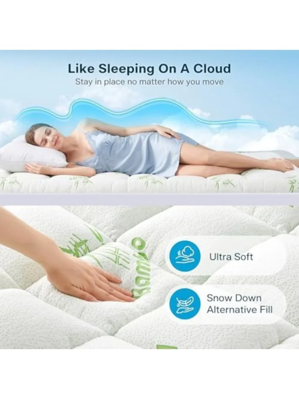 Extra Thick Waterproof Queen Mattress Topper - Cooling Bamboo Pad for Back Pain